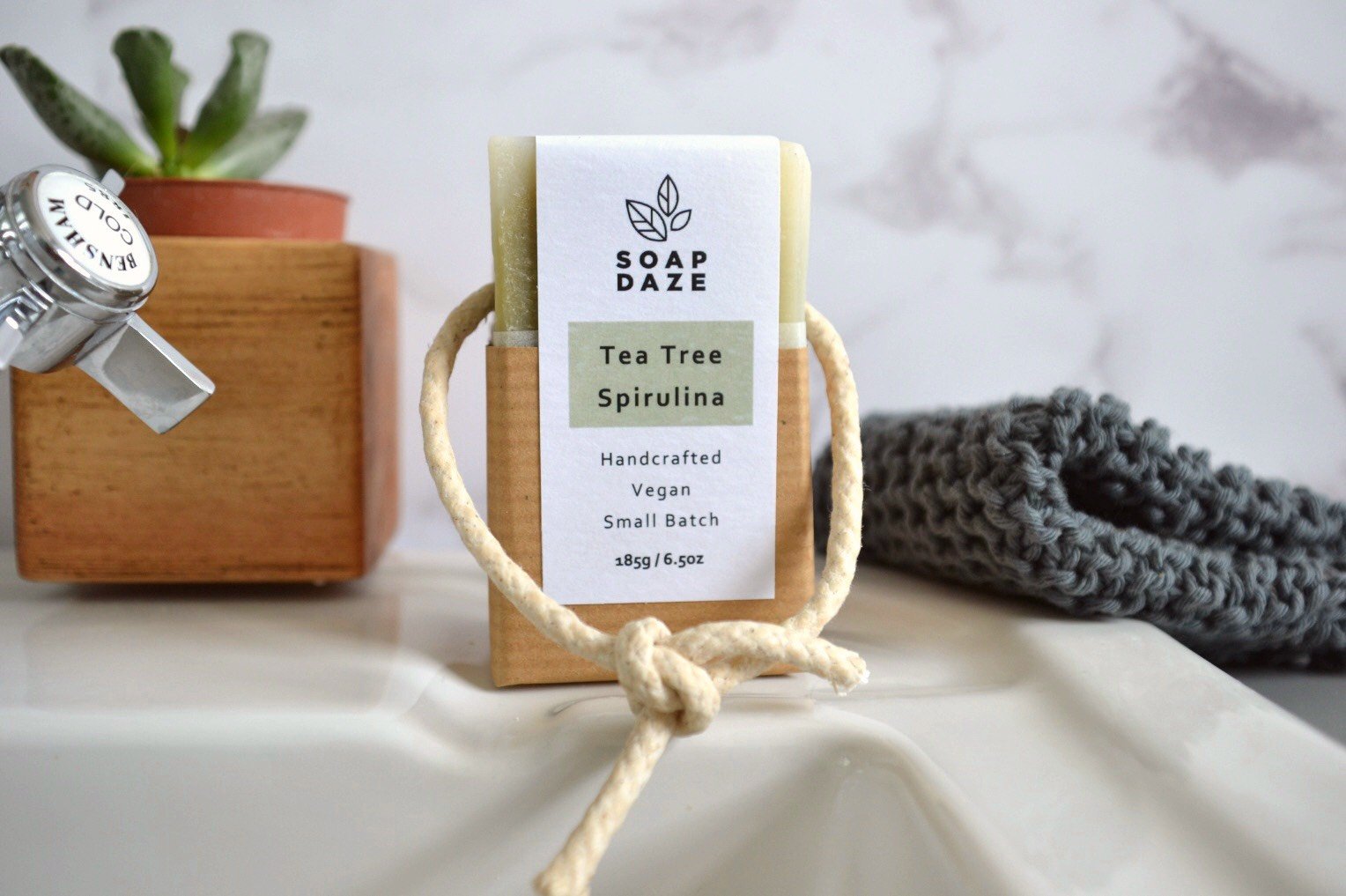 Tea tree and spirulina handmade vegan natural soap on a rope