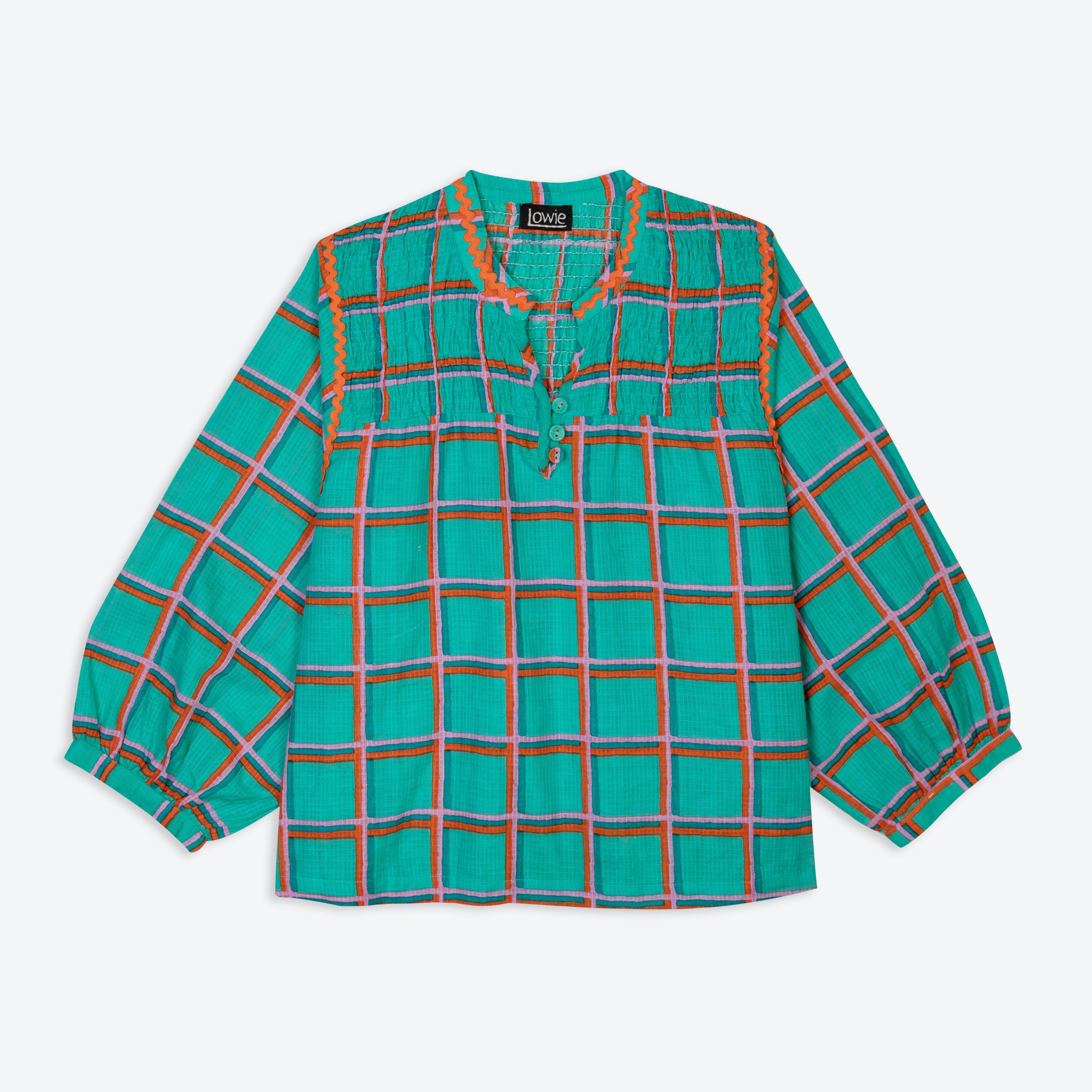 Lowie Aqua Check Collarless Blouse