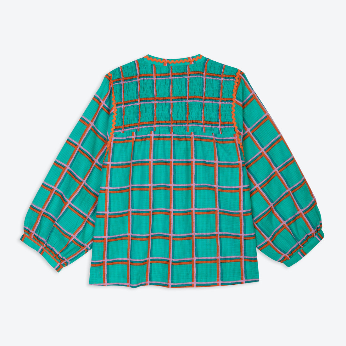 Lowie Aqua Check Collarless Blouse