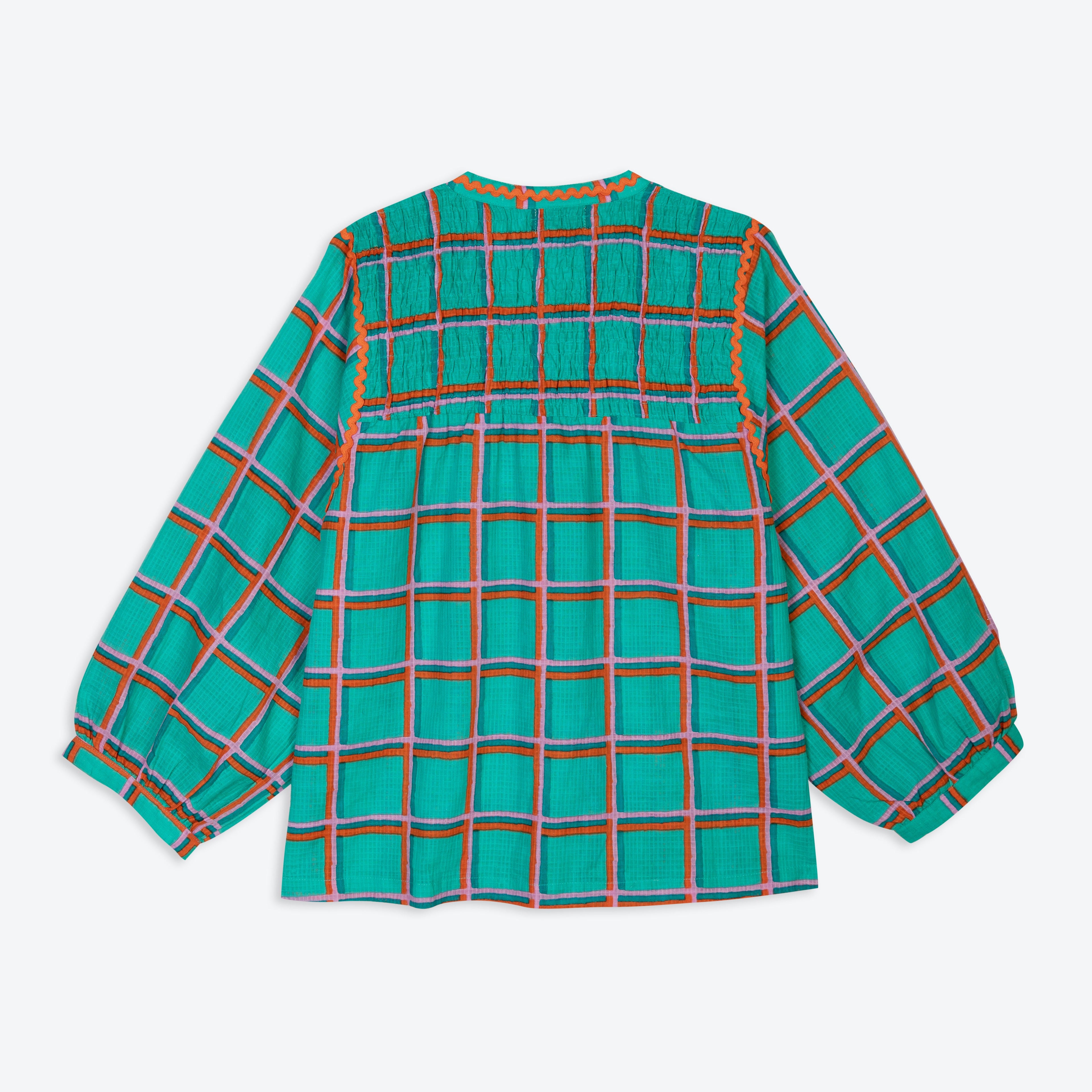 Lowie Aqua Check Collarless Blouse
