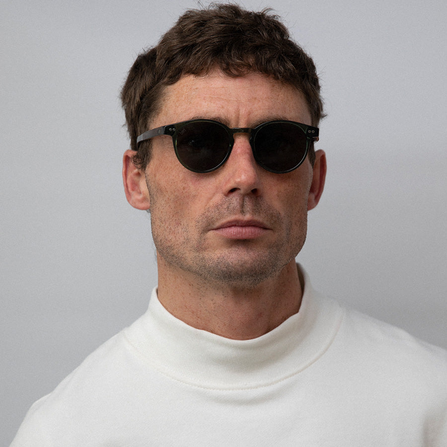 Man wearing olive green sunglasses