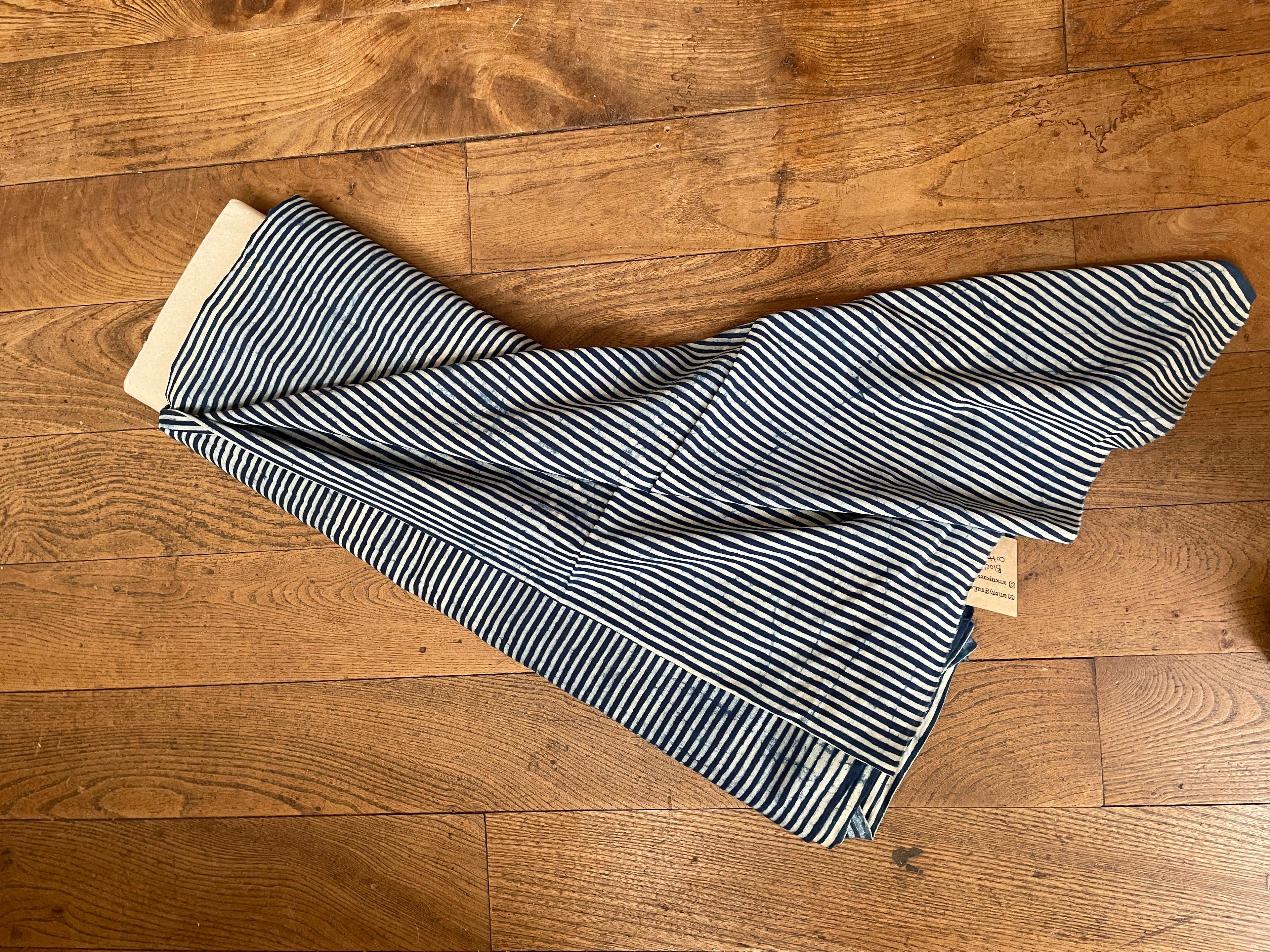 Block printed cotton. Summer weight, indigo dyed, striped fabric