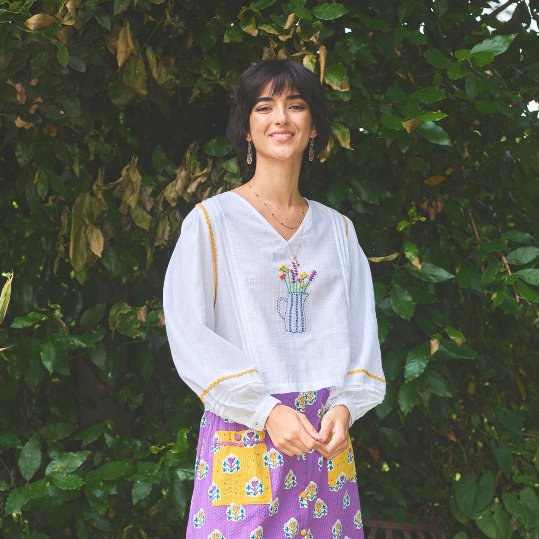 Lowie White Embroidered Vase Blouse