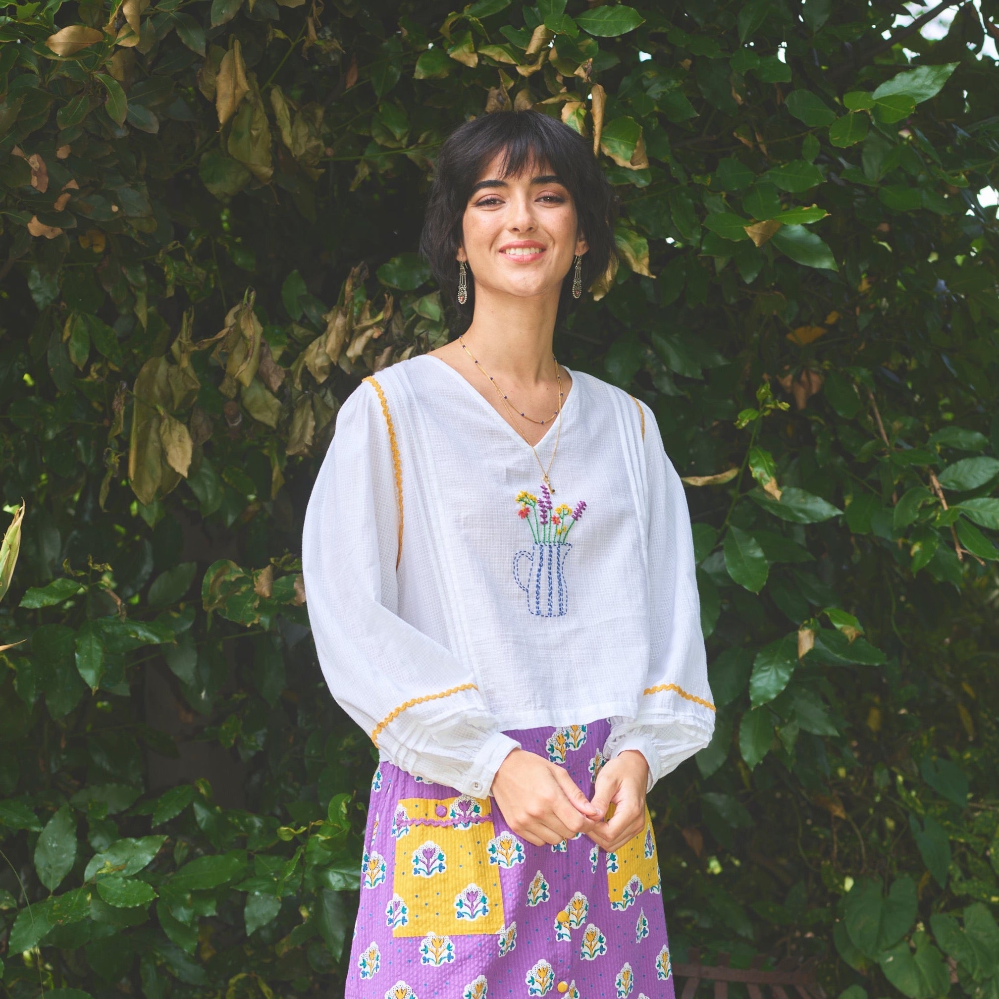 Lowie White Embroidered Vase Blouse