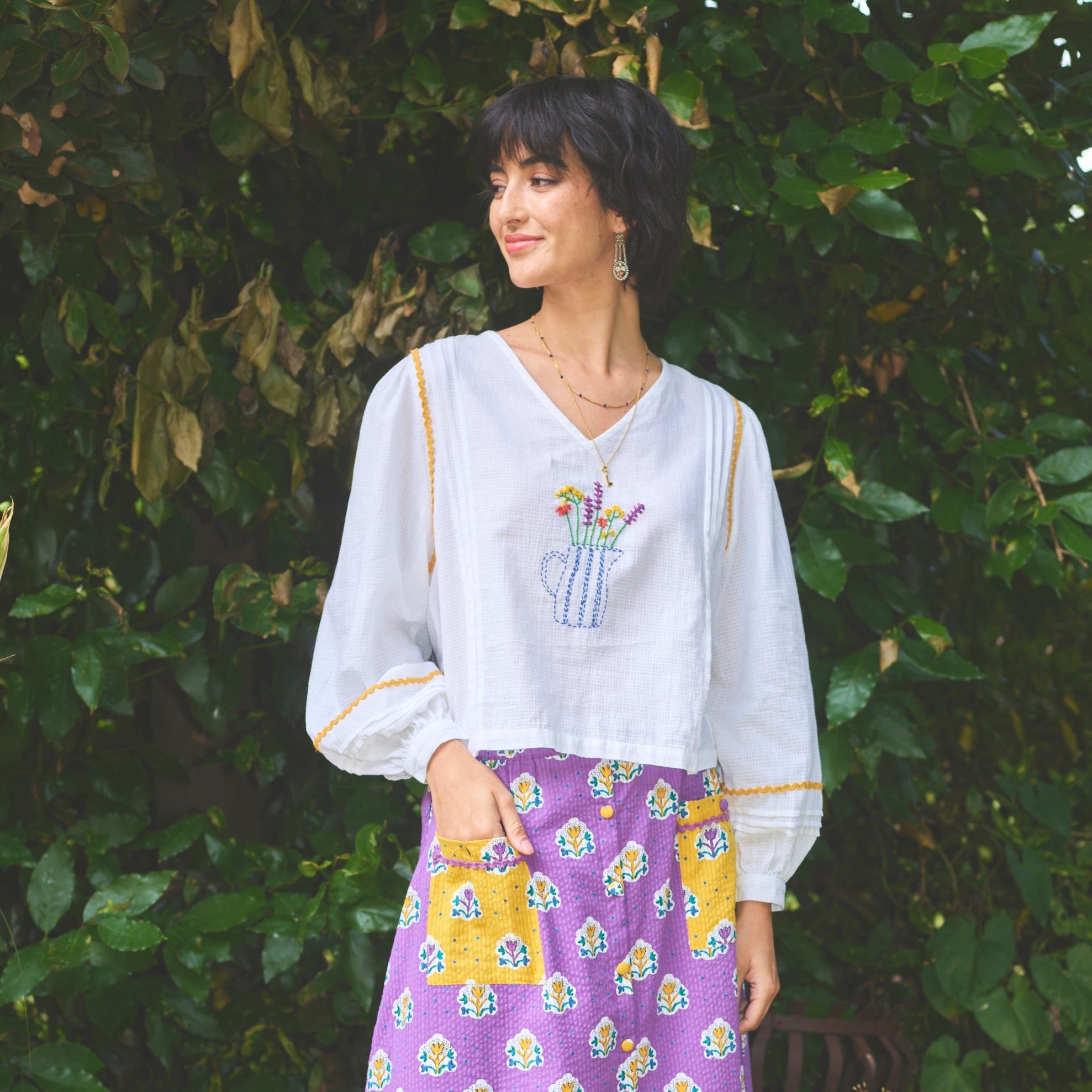 Lowie White Embroidered Vase Blouse