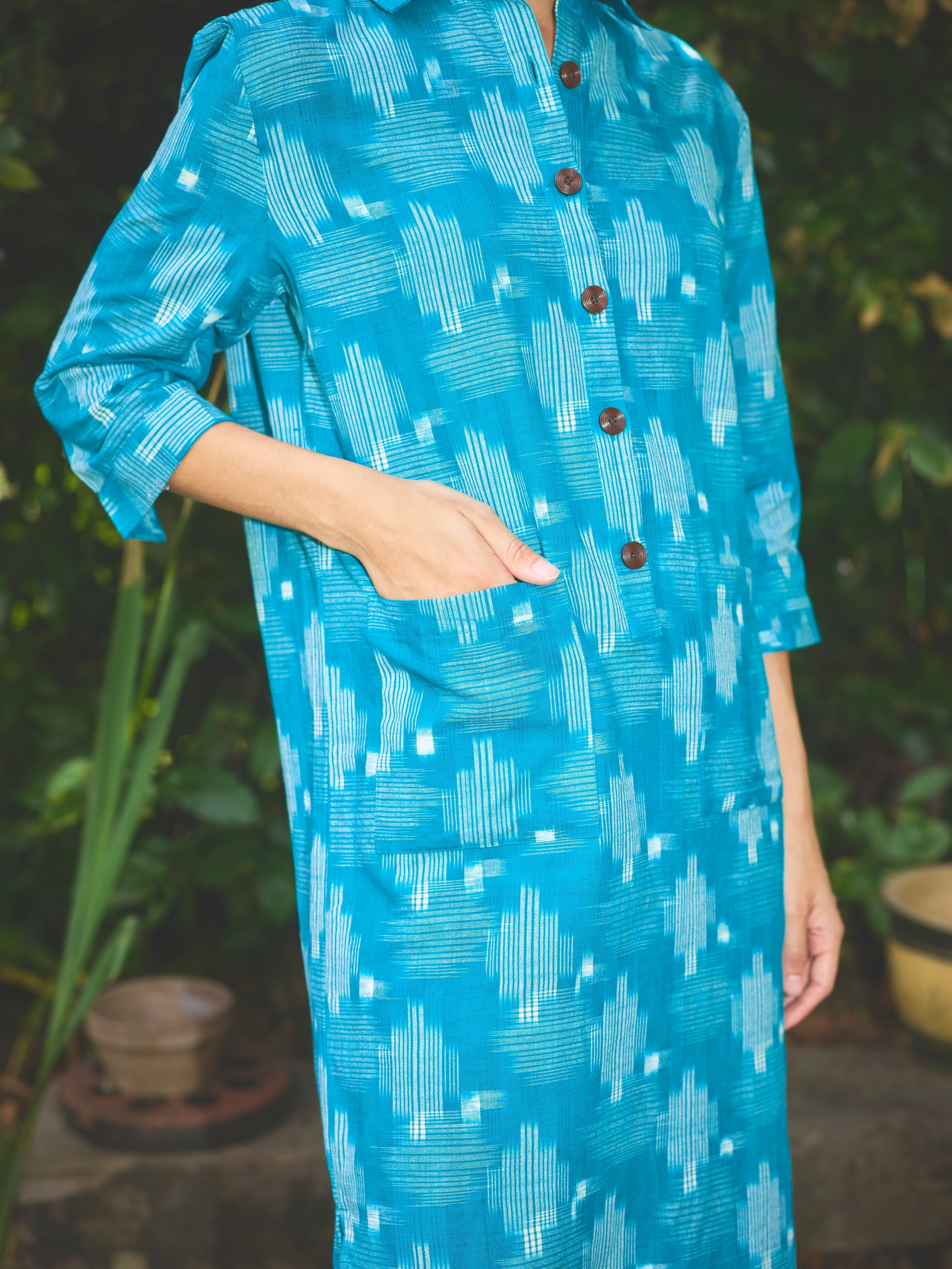 Lowie Handwoven Teal Ikat Shirt Dress