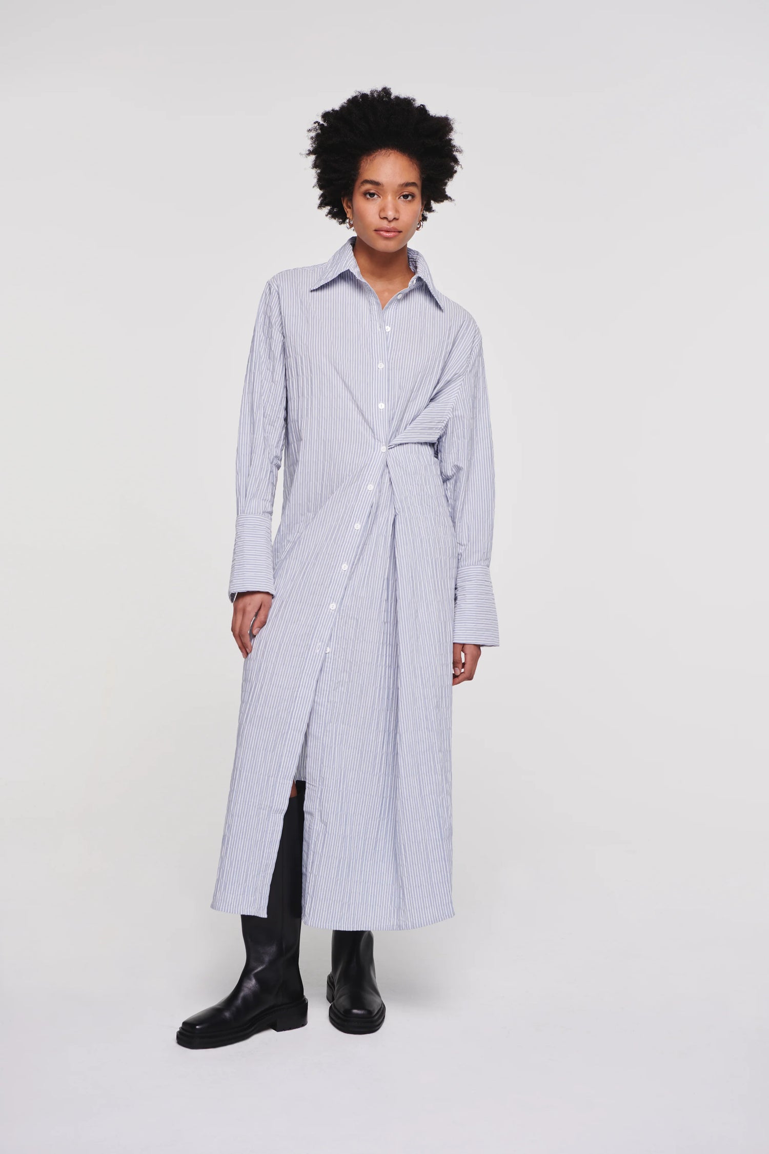 Heloise Wrap Front Shirt Dress In Blue Stripe