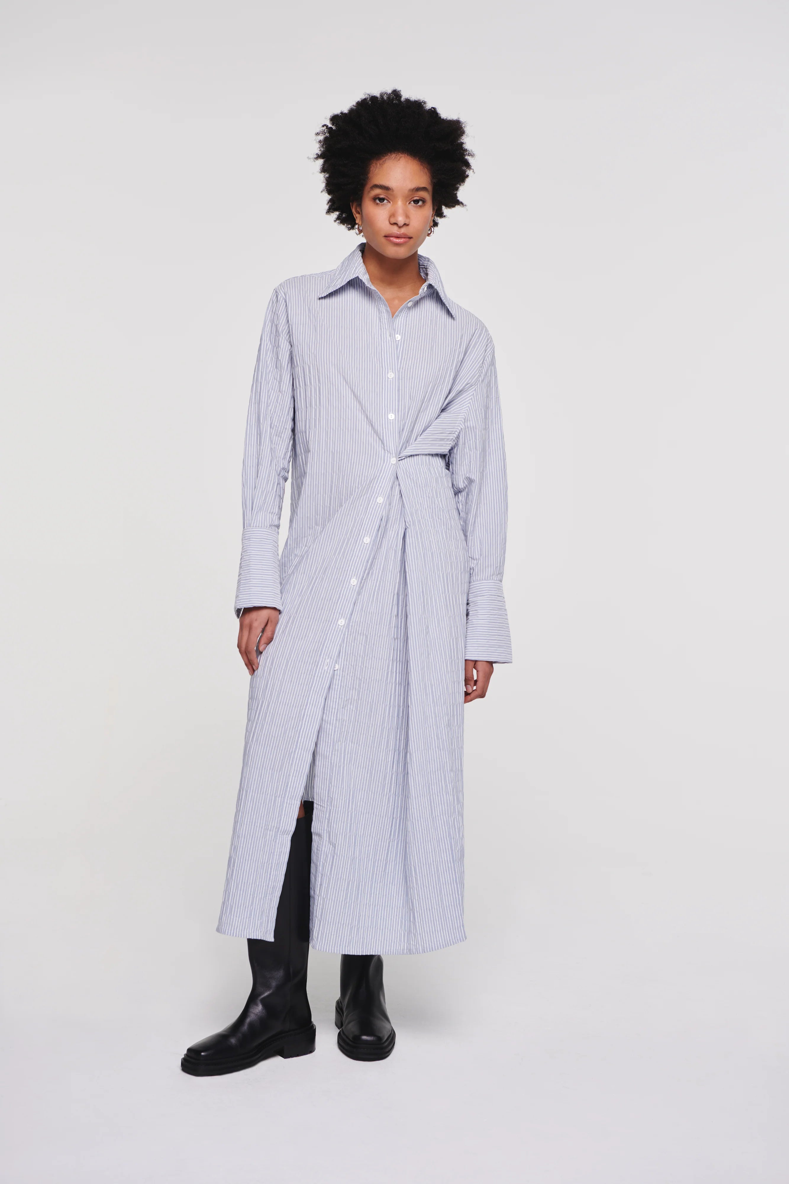 Heloise Wrap Front Shirt Dress In Blue Stripe