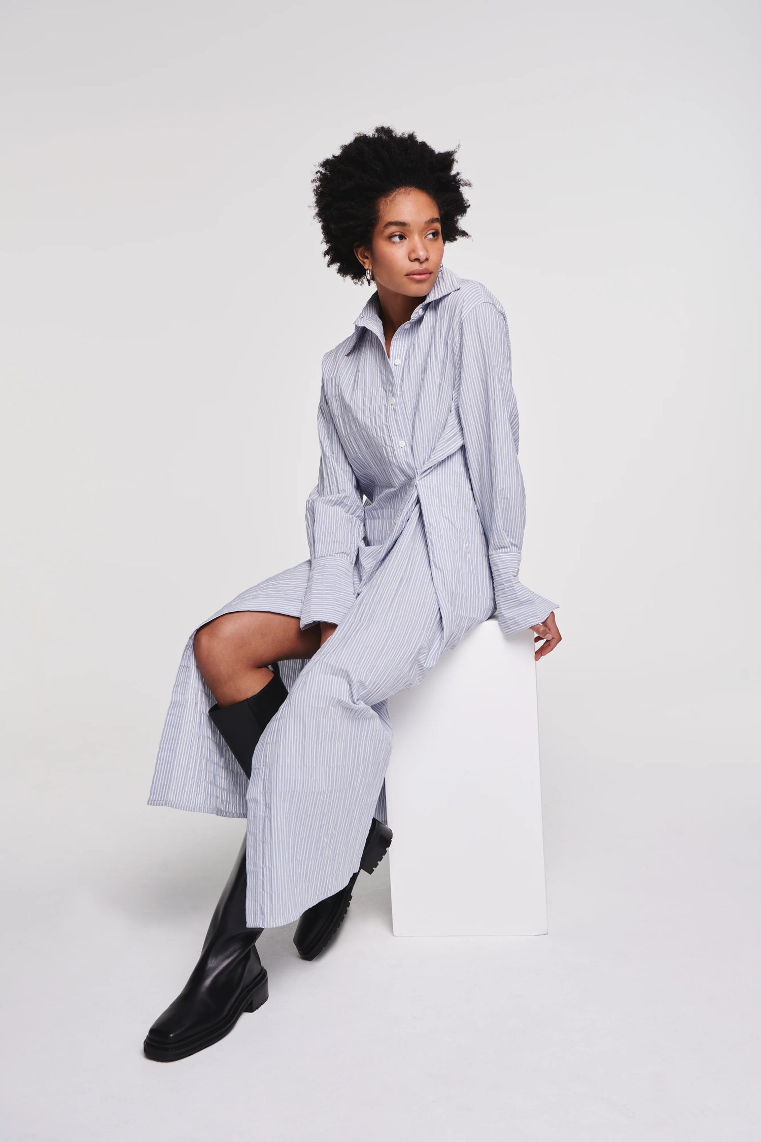 Heloise Wrap Front Shirt Dress In Blue Stripe
