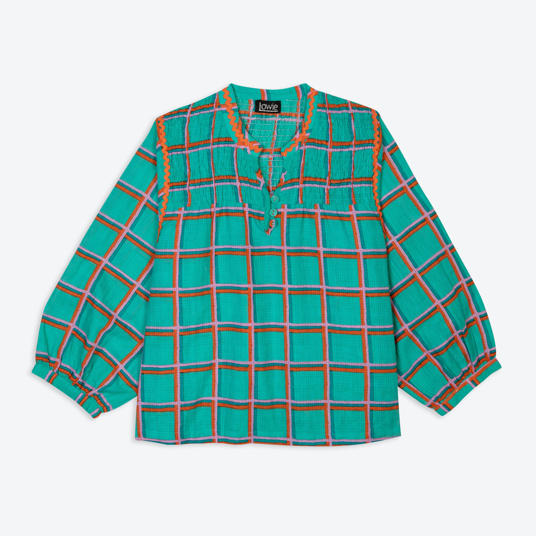 Lowie Aqua Check Collarless Blouse