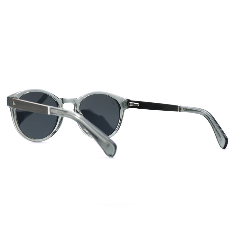 Rear view of clear grey frame sunglasses with polarised lenses