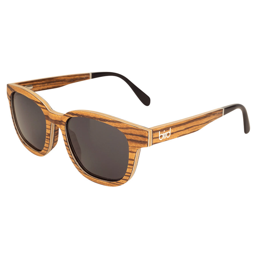 Corner view of Eco conscious wooden sunglasses with light coloured wood