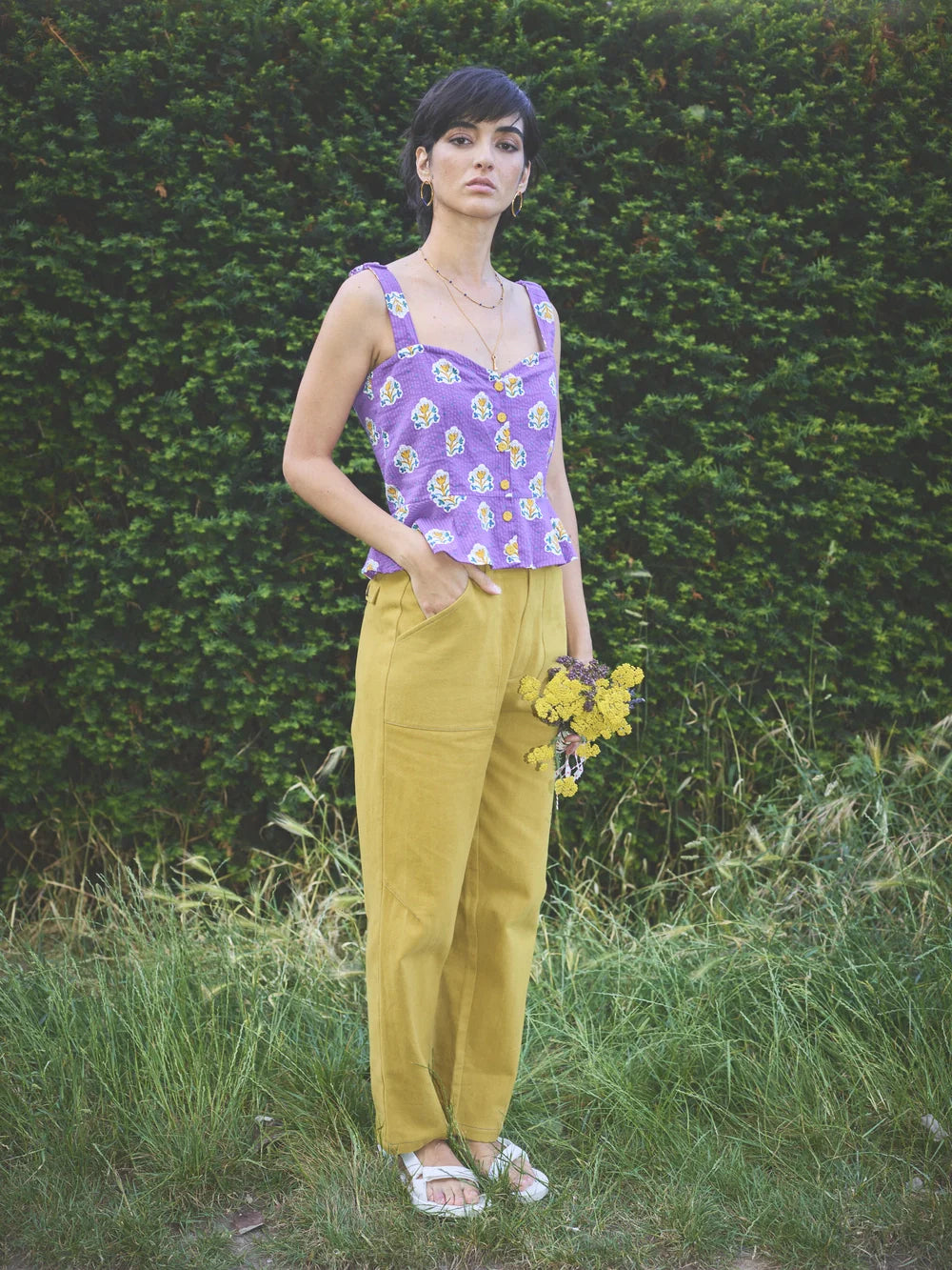 Back view of model wearing Lowie Les Indiennes Lavender Peplum Cami Top displaying elasticated back shirring