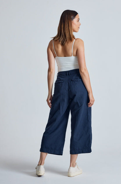 Navy Betty Wide Leg Cropped Culotte Trouser - GOTS Certified Organic Cotton and Linen