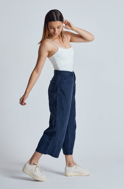 Navy Betty Wide Leg Cropped Culotte Trouser - GOTS Certified Organic Cotton and Linen
