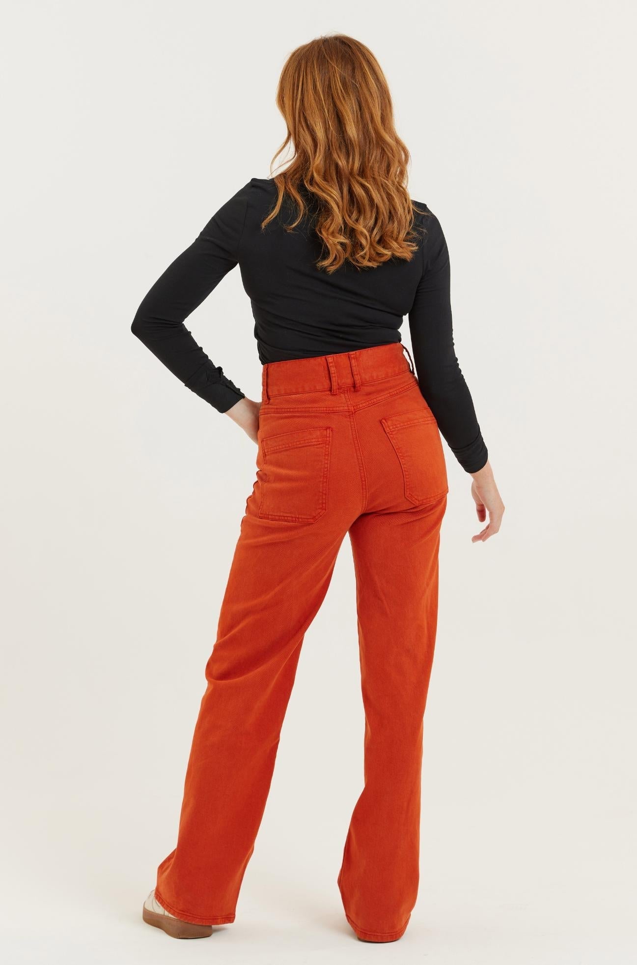 Burnt Orange Recycled Wood Twill Denim Dinah Super High Waist Women’s Trouser