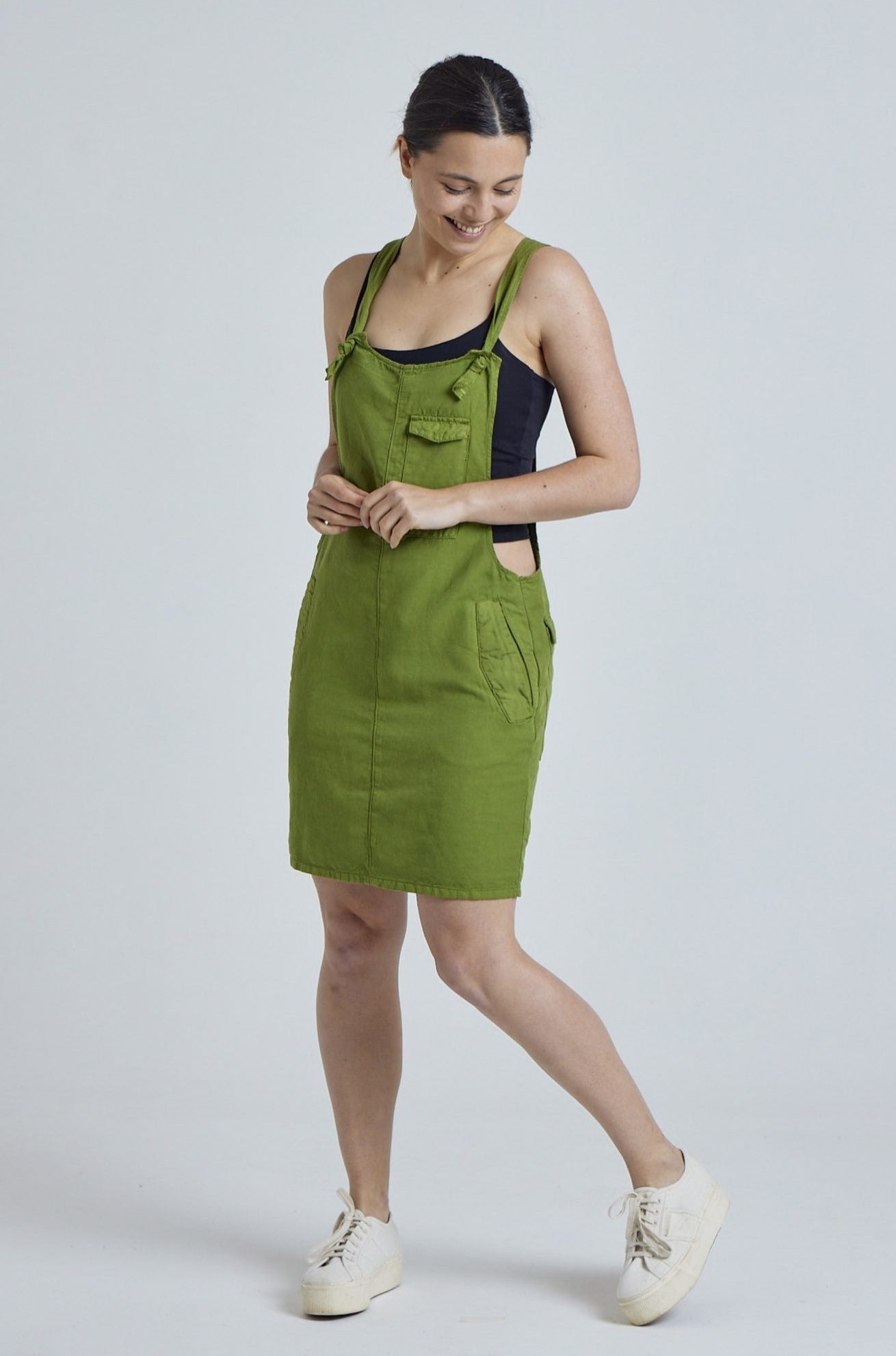 Spring Green Peggy Pocket Dungaree Dress - GOTS Certified Organic Cotton and Linen