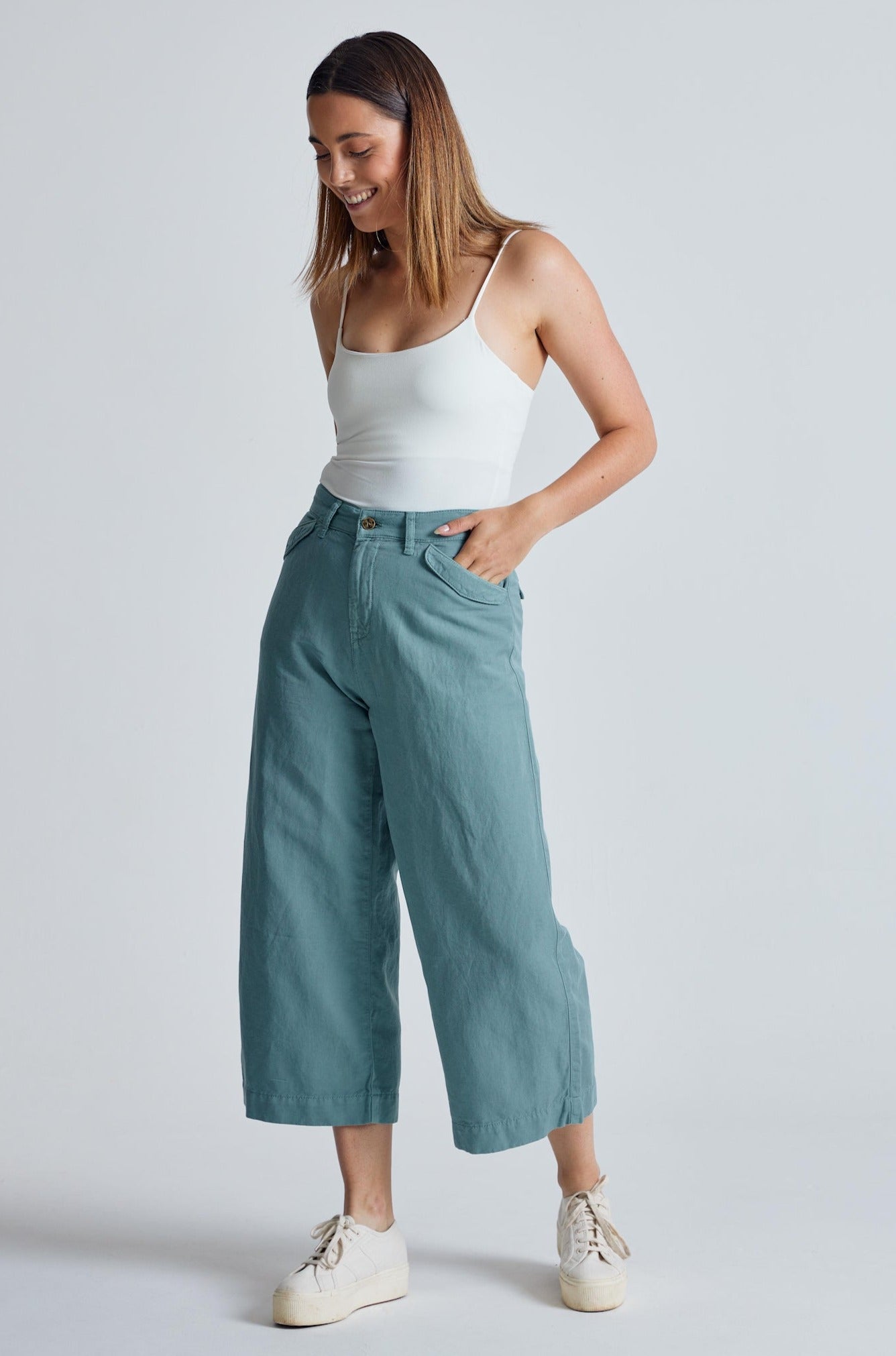 Retro-Blue Betty Wide Leg Cropped Culotte Trouser - GOTS Certified Organic Cotton and Linen