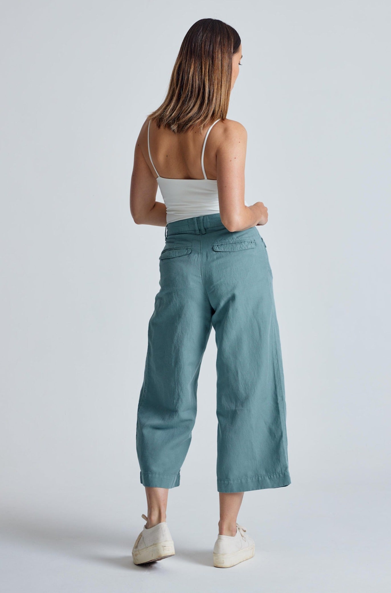 Retro-Blue Betty Wide Leg Cropped Culotte Trouser - GOTS Certified Organic Cotton and Linen