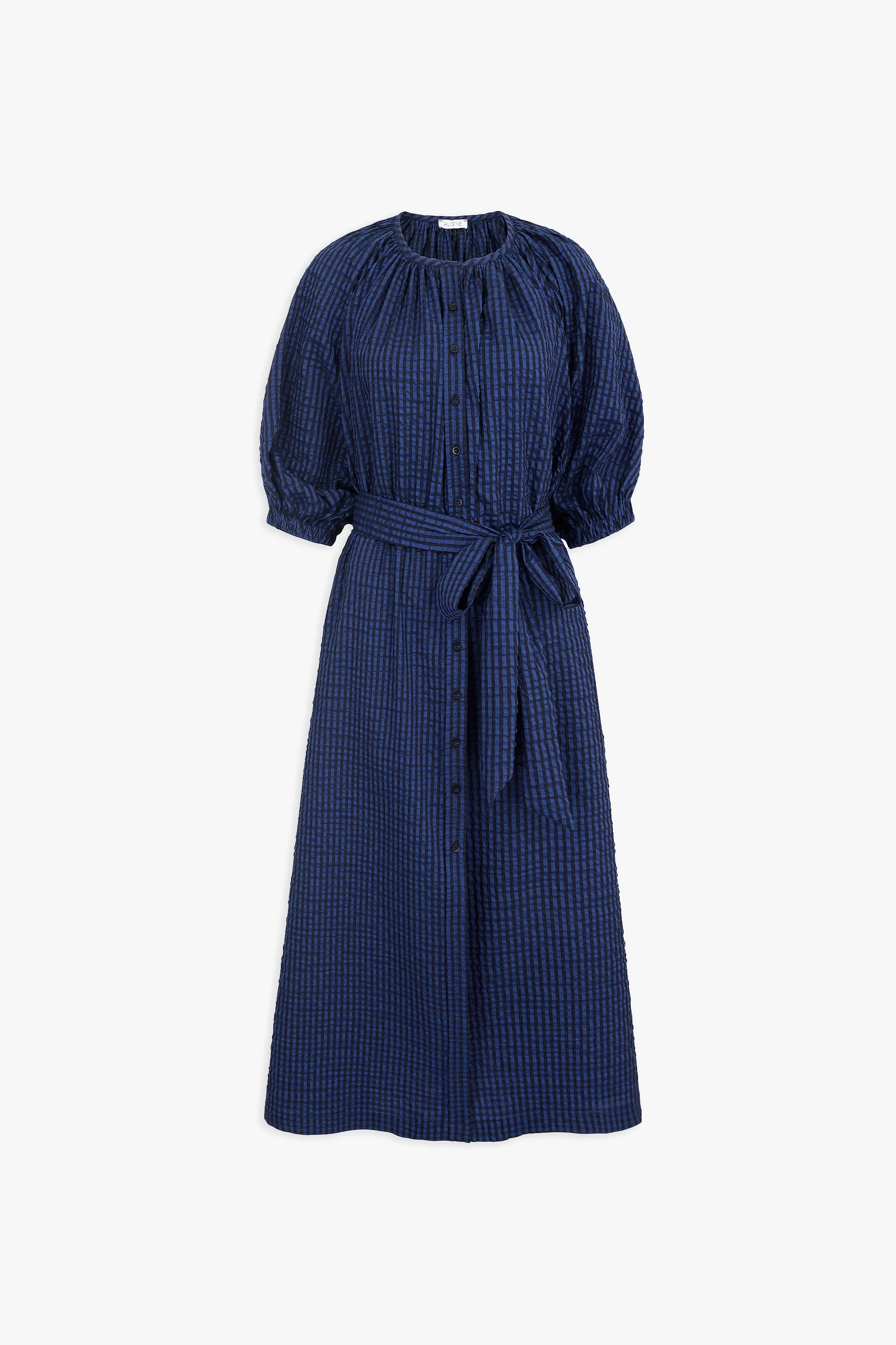 Hibiscus Button Volume Sleeve Midi Dress In Navy Seersucker