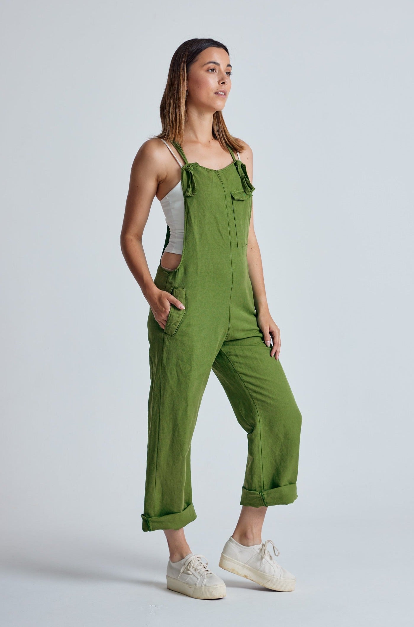 Spring Green Mary-Lou Pocket Dungaree - GOTS Certified Organic Cotton and Linen