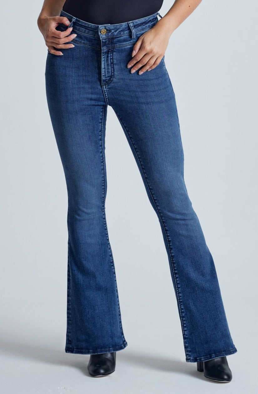Azure Mavis High Waisted Skinny Flared Jeans - GOTS Certified Organic Cotton and Recycled Polyester