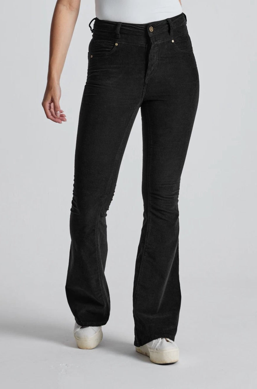Black Babycord Mavis High Waisted Skinny Flared Jeans - GOTS Certified Organic Cotton and Elastane