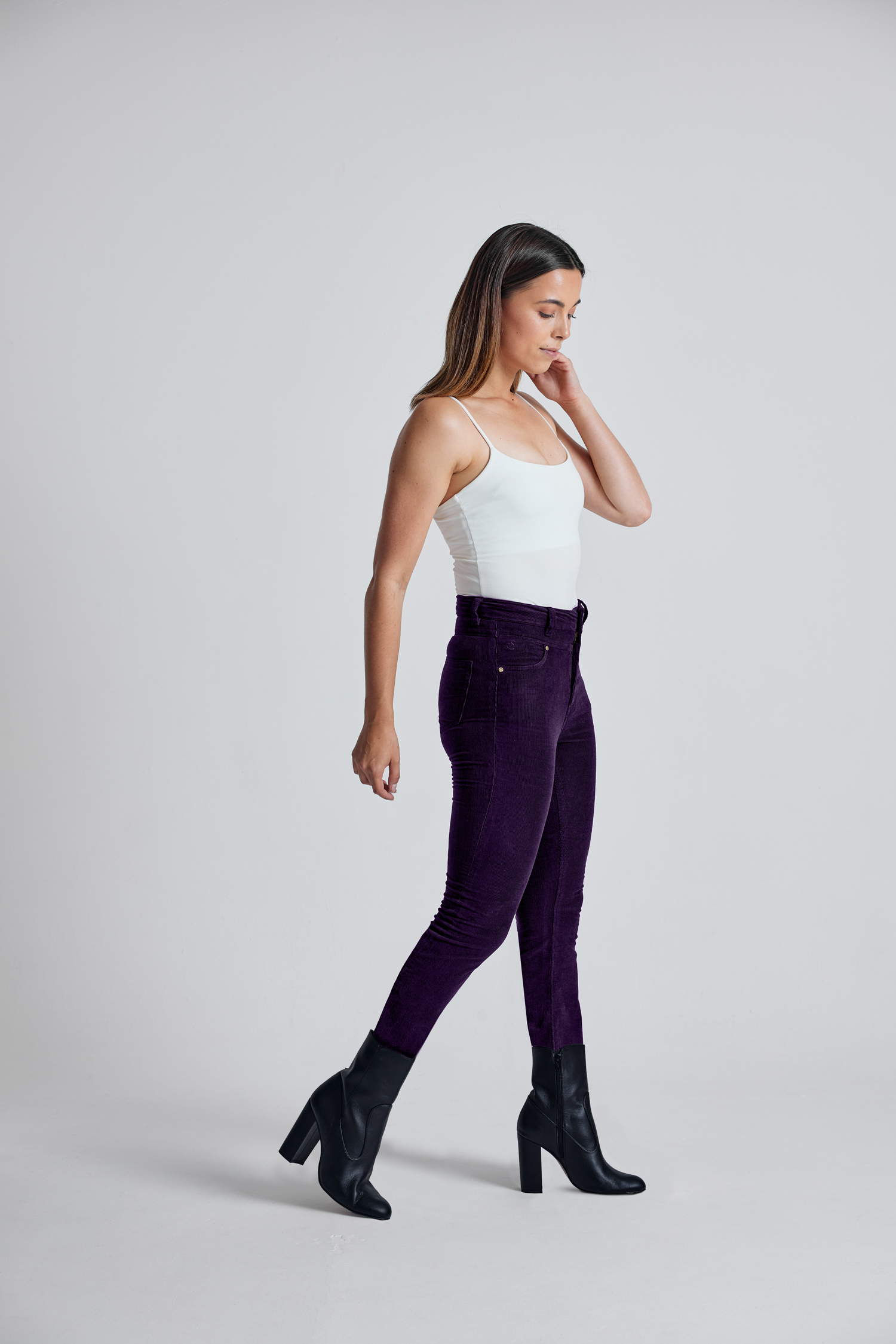 Aubergine Babycord Nina High Waisted Skinny Jeans - GOTS Certified Organic Cotton and Elastane