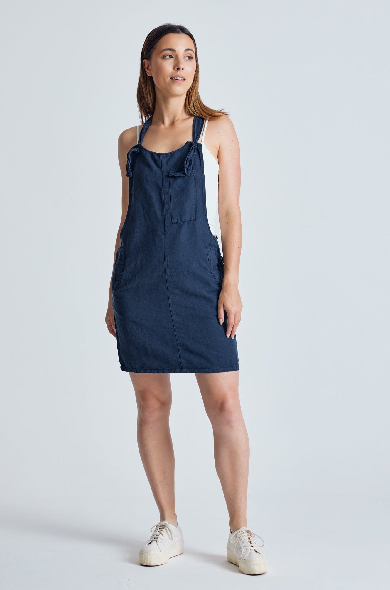 Navy Peggy Pocket Dungaree Dress - GOTS Certified Organic Cotton and Linen