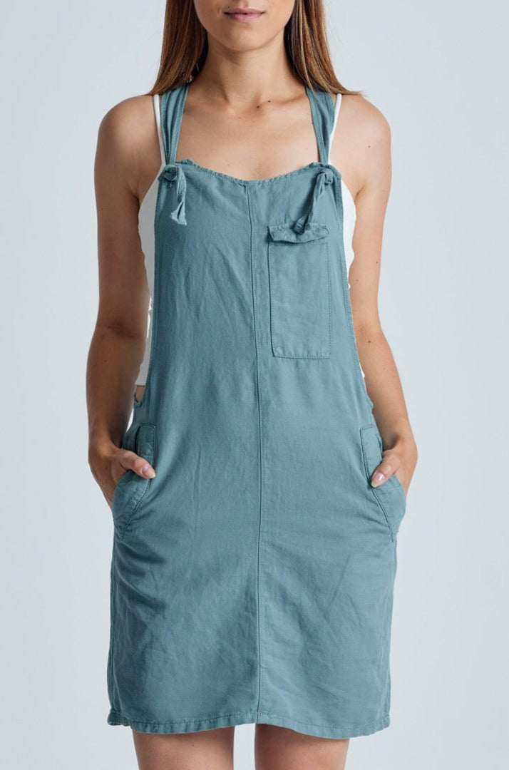 Retro-Blue Peggy Pocket Dungaree Dress - GOTS Certified Organic Cotton and Linen