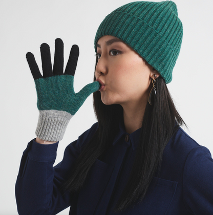 Miss Pompom Grey Colourblock Wool Gloves