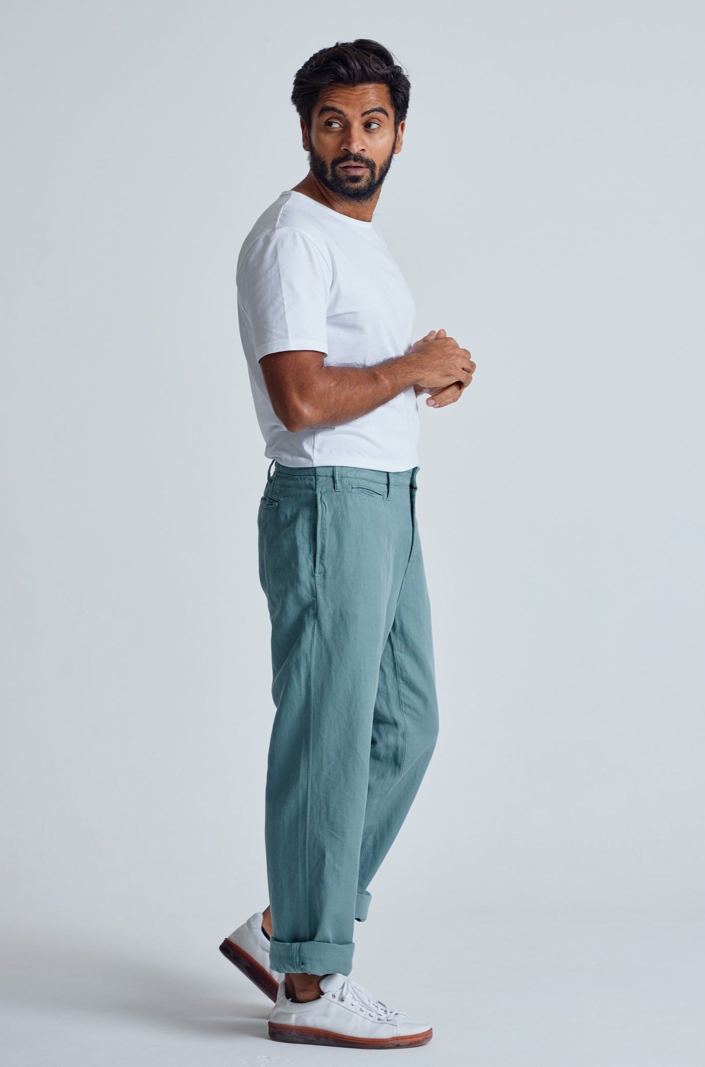 Retro-Blue The Bird Regular Fit Chino Trousers - GOTS Certified Organic Cotton and Linen