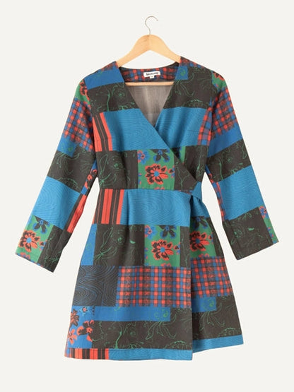 Preloved Birdsong Blue River Patchwork Mini Wrap Dress Sample
