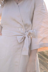 close up beige linen wrap dress - fair fashion