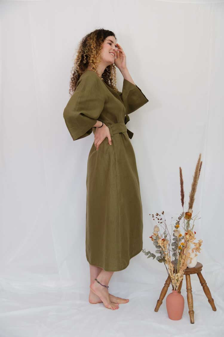 olive green linen wrap dress - fair fashion